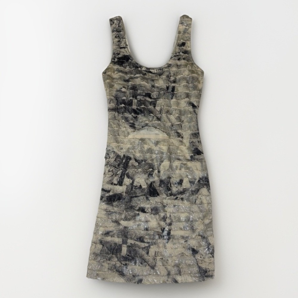 Forever 21 Bodycon Dress Womens Small Cream Grey Abstract Ruffle Y2K Grunge Mini
